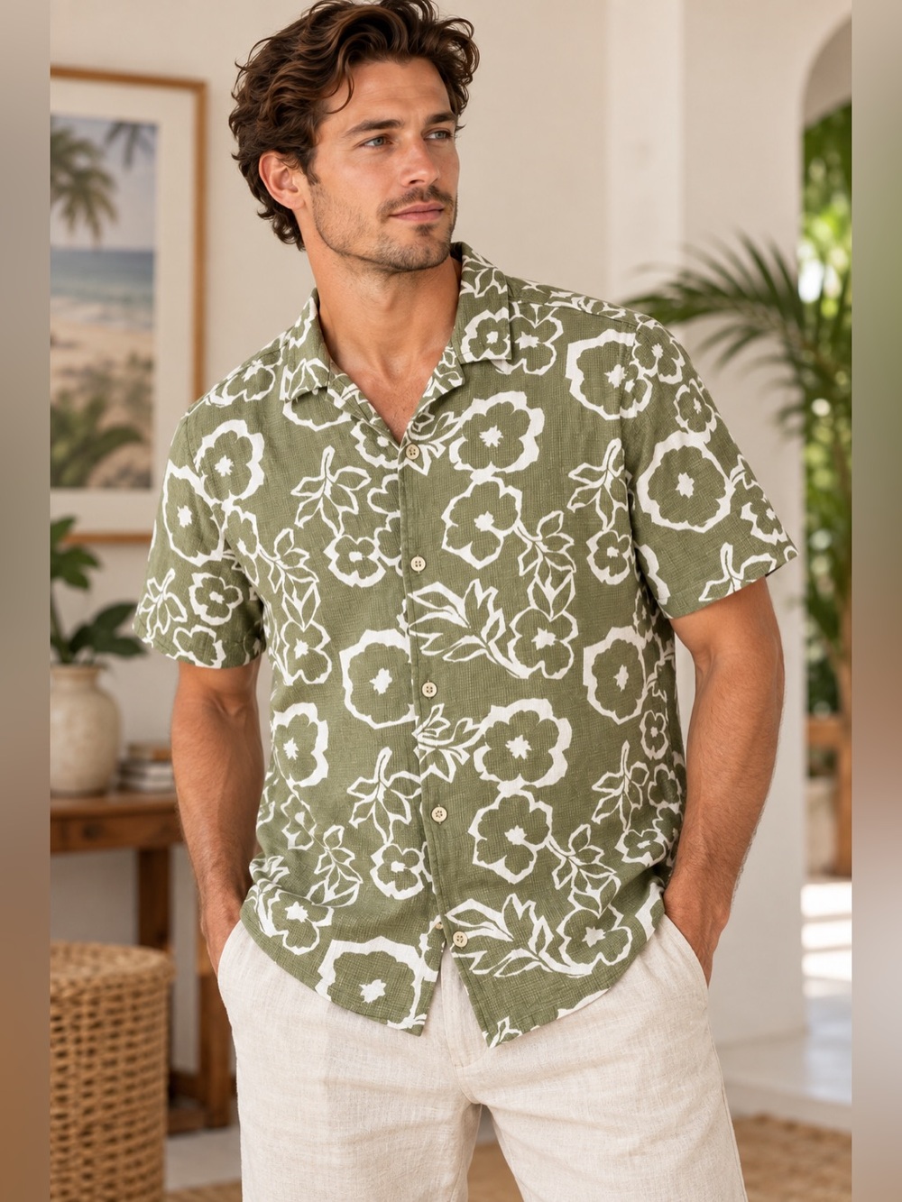 Folk Olive Green and White Floral Short-Sleeve Button-Down Shirt